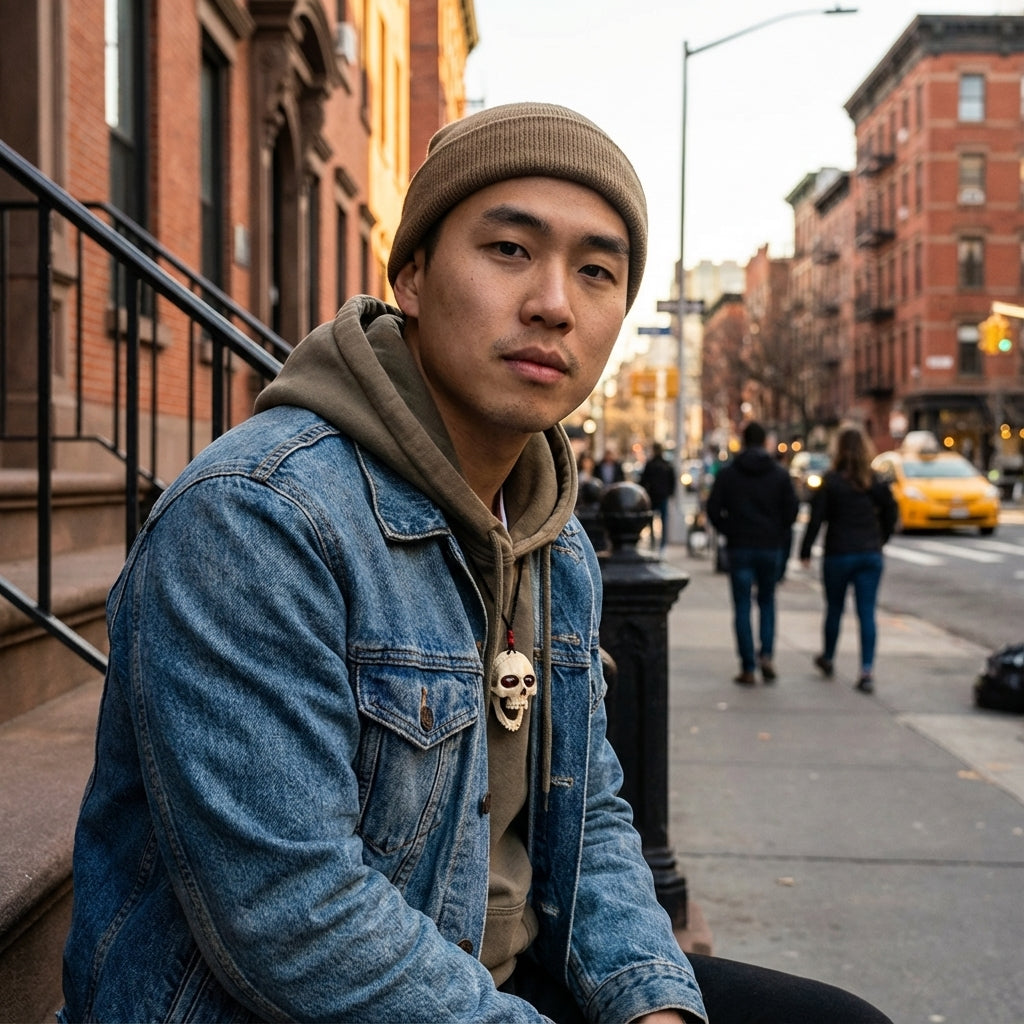Man sitting on a stoop in an urban setting with a city street in the background wearing a skull pendant