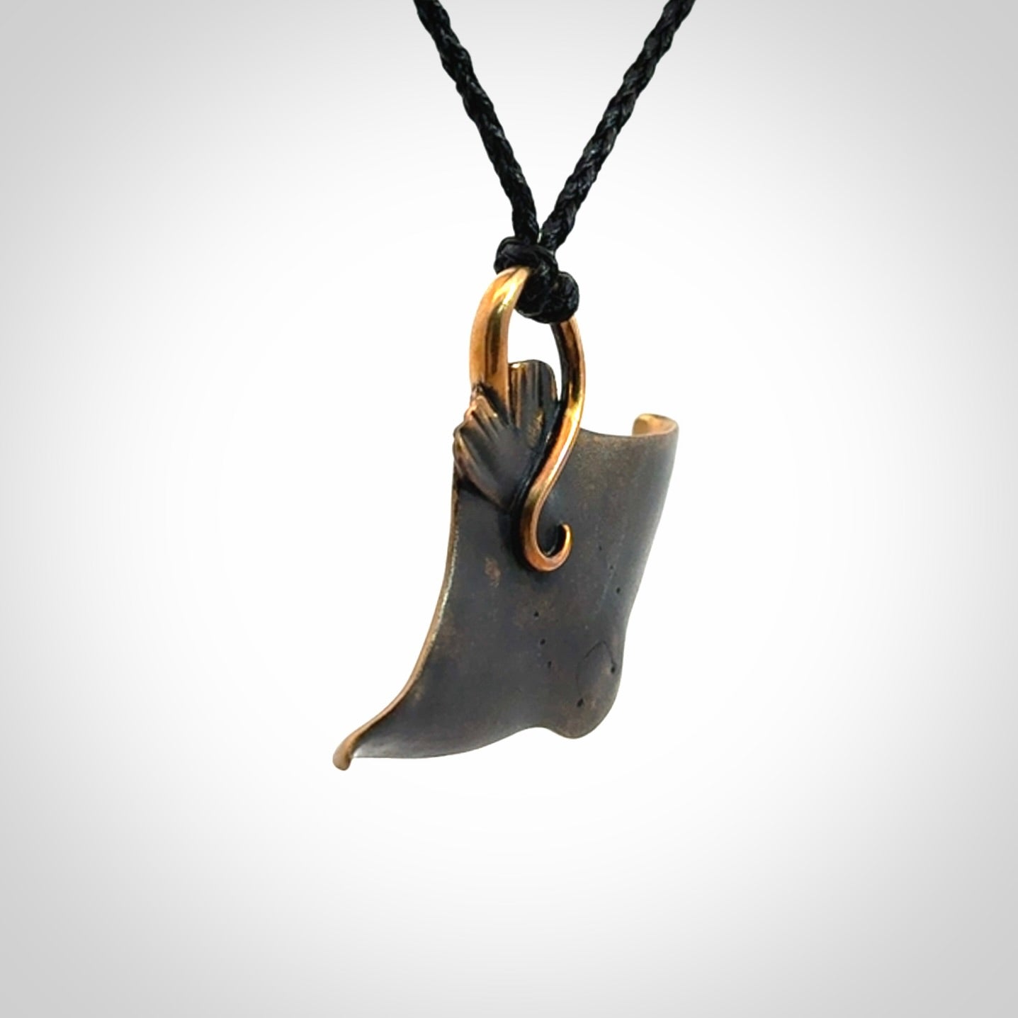 Hand crafted Bronze and New Zealand Jade eagle ray pendant