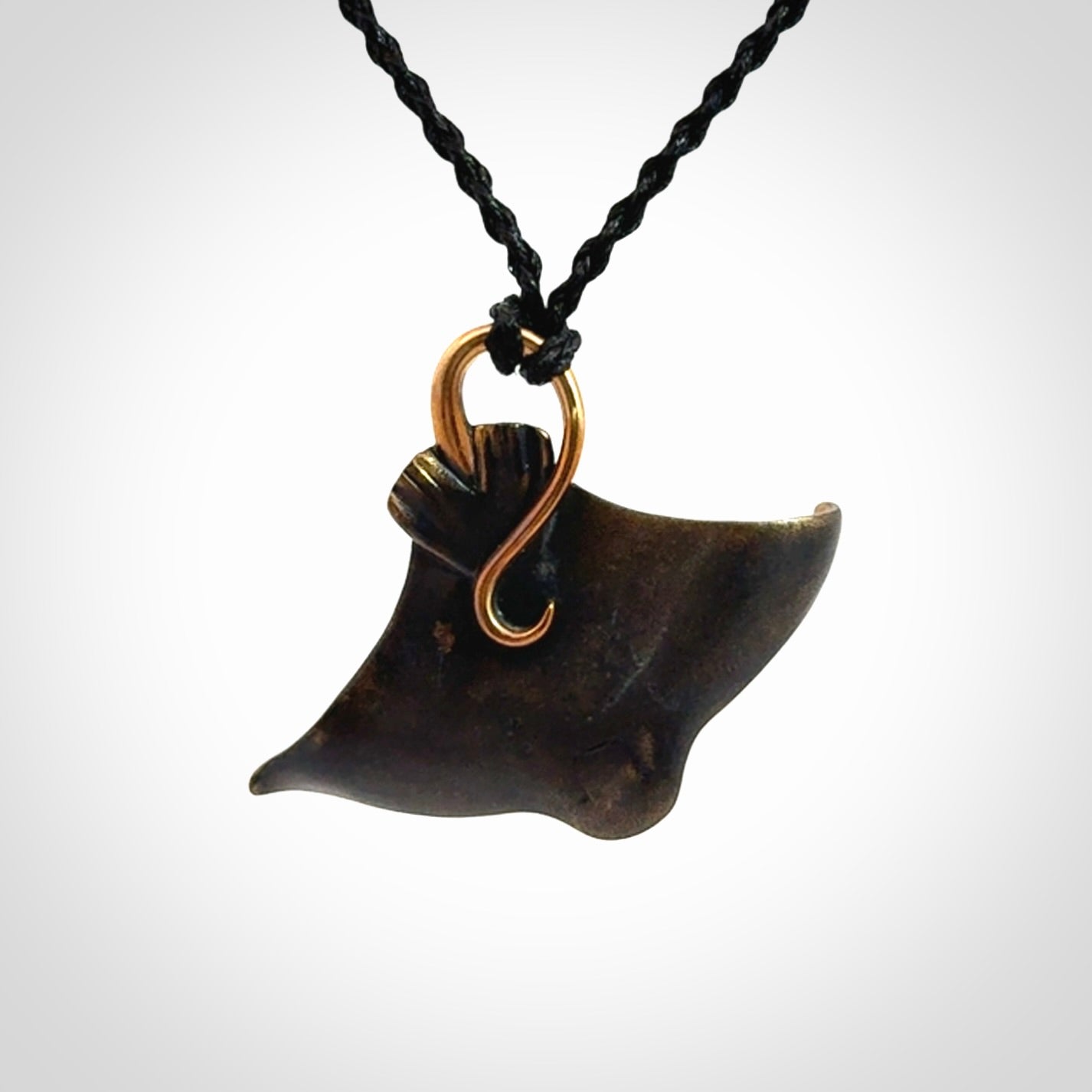 Hand crafted Bronze and New Zealand Jade eagle ray pendant