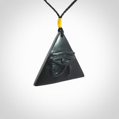 An Egyptian Eye of Ra pyramid pendant, hand made for us from Australian Black Jade. This pendant is provided with an adjustable black cord.