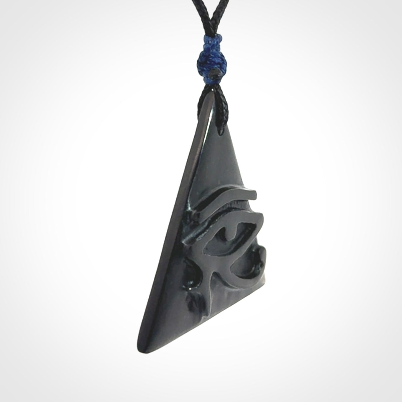 An Egyptian Eye of Horus pyramid pendant, hand made for us from Australian Black Jade. This pendant is provided with an adjustable black cord.