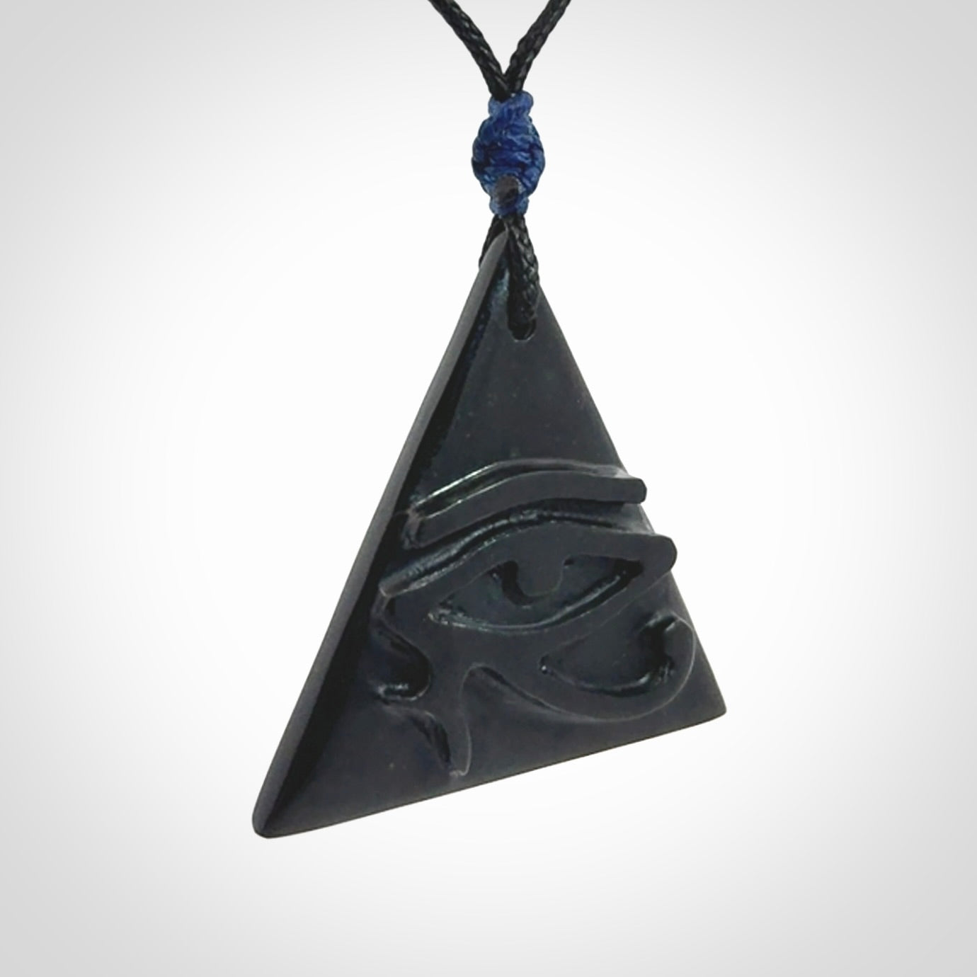 An Egyptian Eye of Horus pyramid pendant, hand made for us from Australian Black Jade. This pendant is provided with an adjustable black cord.