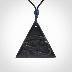 An Egyptian Eye of Horus pyramid pendant, hand made for us from Australian Black Jade. This pendant is provided with an adjustable black cord.