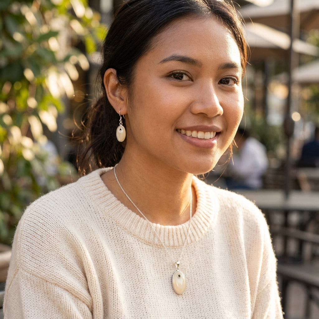 Woman wearing a beige sweater with earrings and a necklace, standing outdoors.