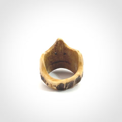Hand carved Menpo samurai face guard ring. Made from Red Deer antler in New Zealand. Hand made from deer antler by master bone carver Fumio Noguchi. Spectacular collectable work of art, made to wear. One only ring, delivered to you with express courier.