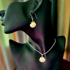 Hand made woolly mammoth tusk fanshell earrings and matching pendant with Sterling Silver.