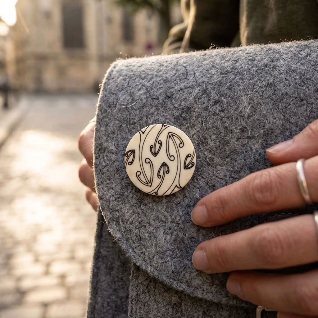 Woman with bone pin on her bag