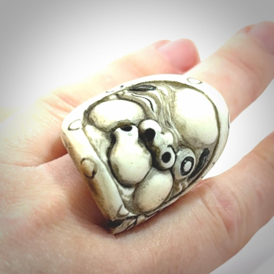 Hand carved Hyottoko play mask ring. Made from Red Deer antler in New Zealand. Hand made from deer antler by master bone carver Fumio Noguchi. Spectacular collectable work of art, made to wear. One only ring, delivered to you with express courier.