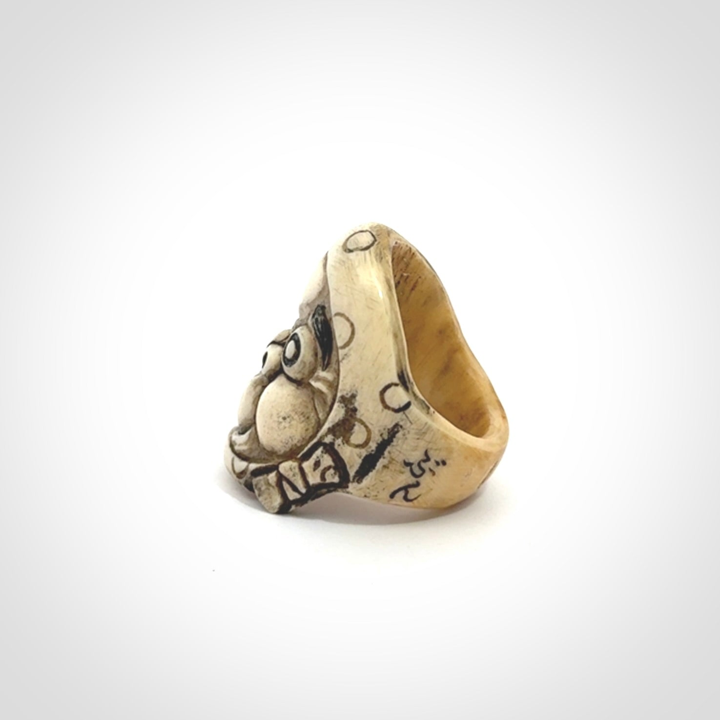 Hand carved Hyottoko play mask ring. Made from Red Deer antler in New Zealand. Hand made from deer antler by master bone carver Fumio Noguchi. Spectacular collectable work of art, made to wear. One only ring, delivered to you with express courier.