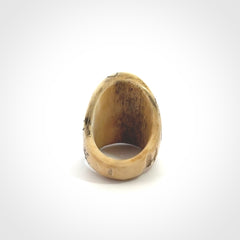 Hand carved Hyottoko play mask ring. Made from Red Deer antler in New Zealand. Hand made from deer antler by master bone carver Fumio Noguchi. Spectacular collectable work of art, made to wear. One only ring, delivered to you with express courier.