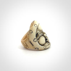Hand carved Hyottoko play mask ring. Made from Red Deer antler in New Zealand. Hand made from deer antler by master bone carver Fumio Noguchi. Spectacular collectable work of art, made to wear. One only ring, delivered to you with express courier.