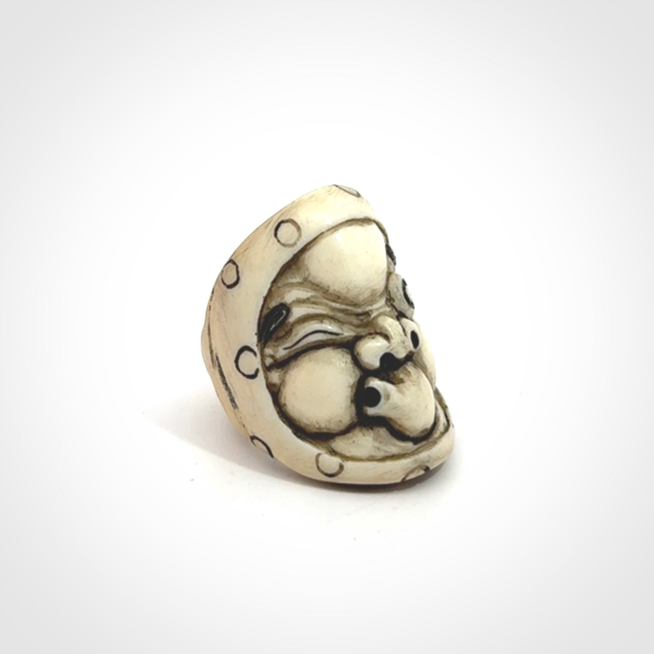 Hand carved Hyottoko play mask ring. Made from Red Deer antler in New Zealand. Hand made from deer antler by master bone carver Fumio Noguchi. Spectacular collectable work of art, made to wear. One only ring, delivered to you with express courier.