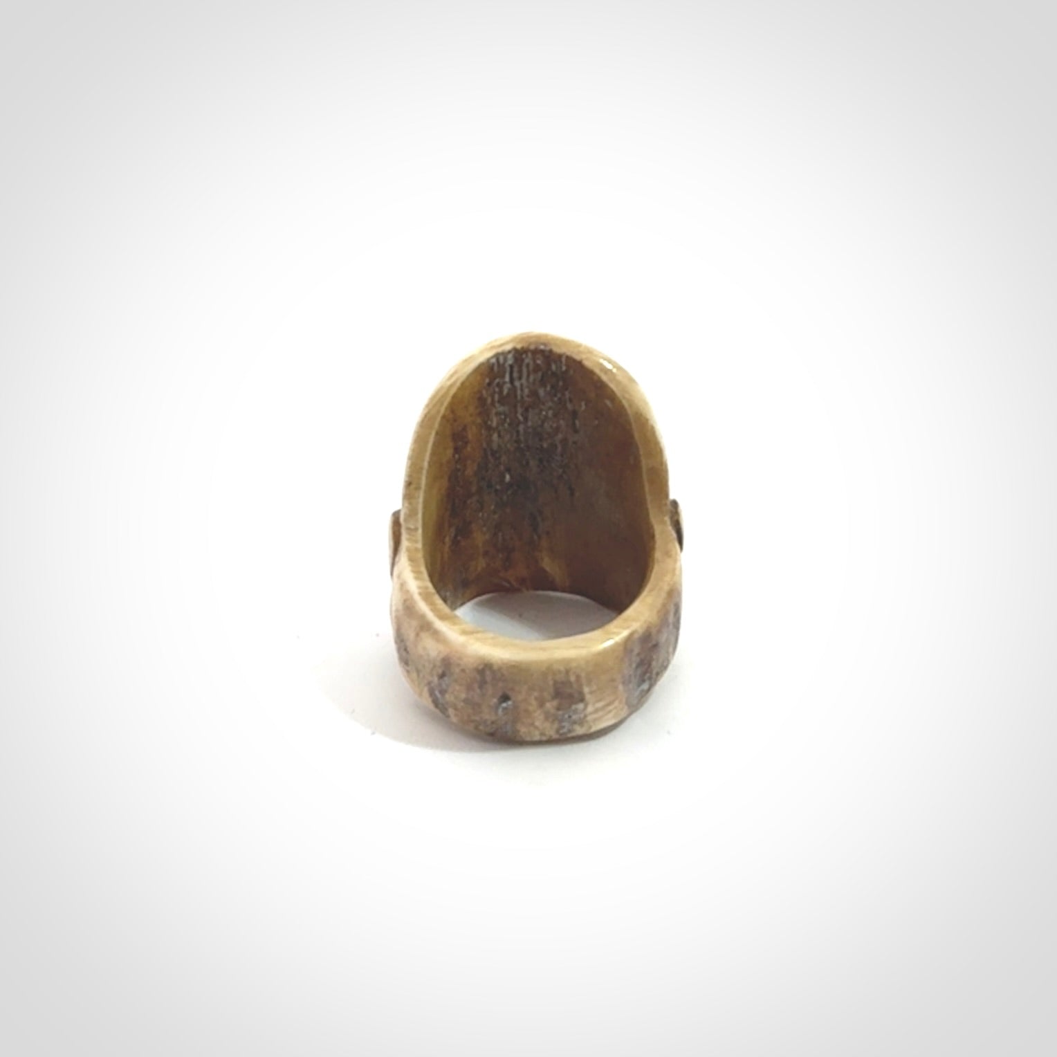 Hand carved Hotei good fortune ring. Made from Red Deer antler in New Zealand. Hand made from deer antler by master bone carver Fumio Noguchi. Spectacular collectable work of art, made to wear. One only ring, delivered to you with express courier.