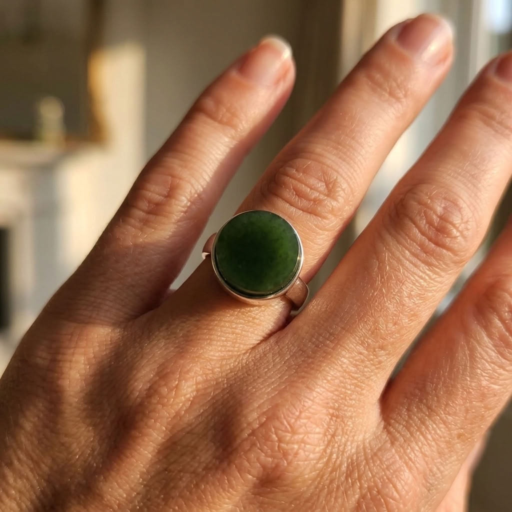 Person wearing jade and silver ring