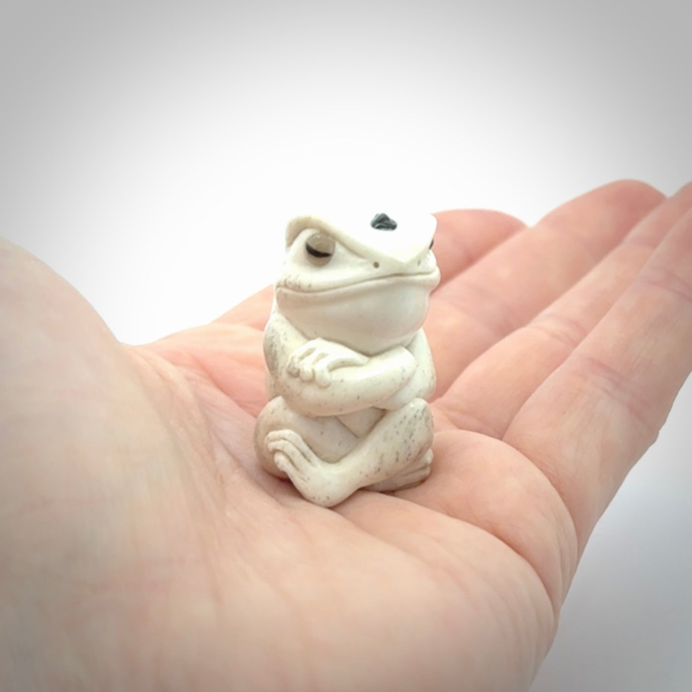 Hand carved meditating frog with slug on its head, made from Deer antler and black mother of pearl. Hand made by master bone carver Fumio Noguchi. Spectacular collectable work of art to display. One only, delivered to you at no extra cost with express courier.