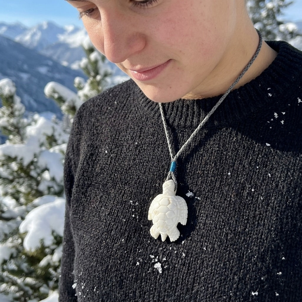 Person wearing turtle pendant