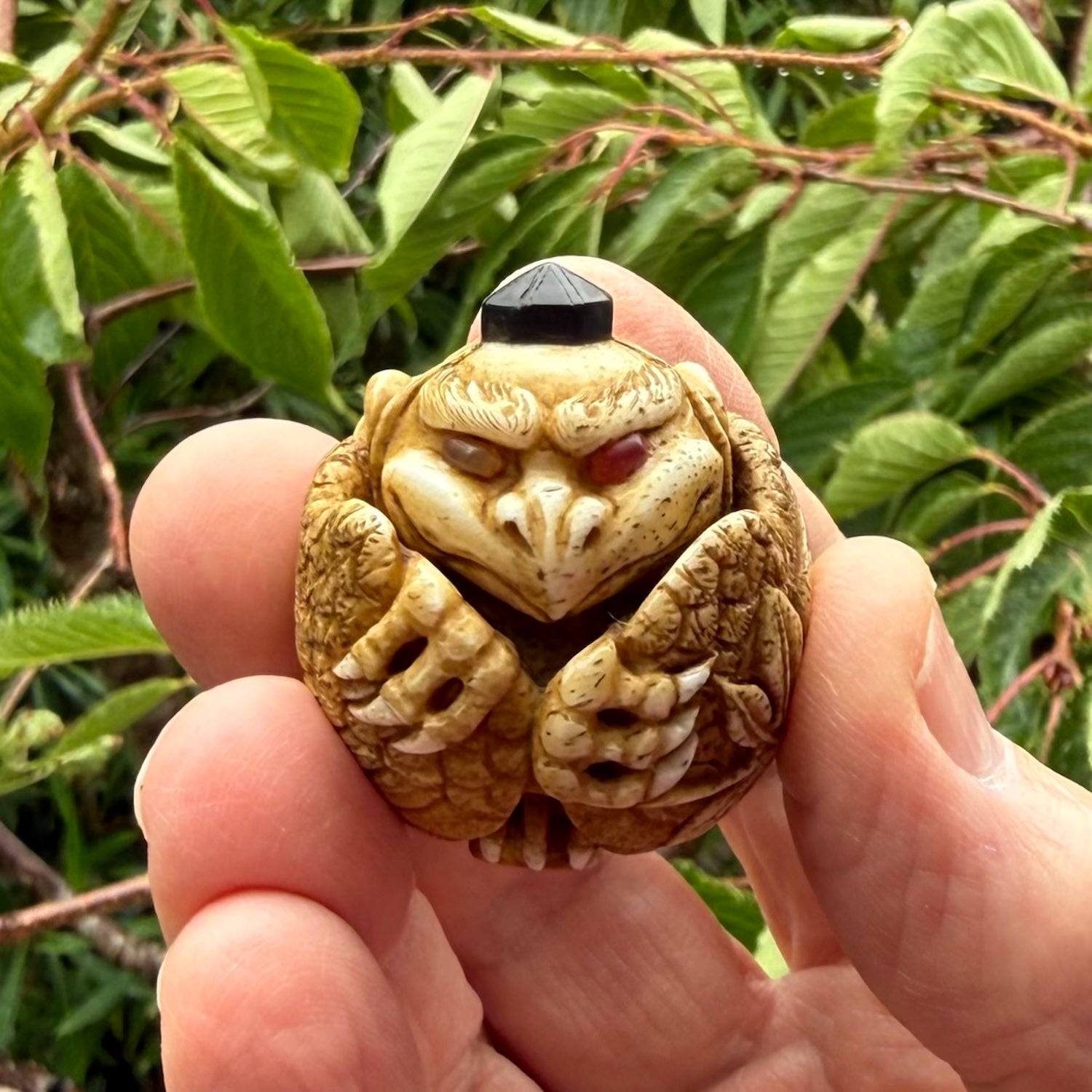 Hand carved Karasu Tengu carving made from Deer antler with Buffalo Horn. Hand made by master bone carver Fumio Noguchi. Spectacular collectable work of art to display. One only, delivered to you at no extra cost with express courier.