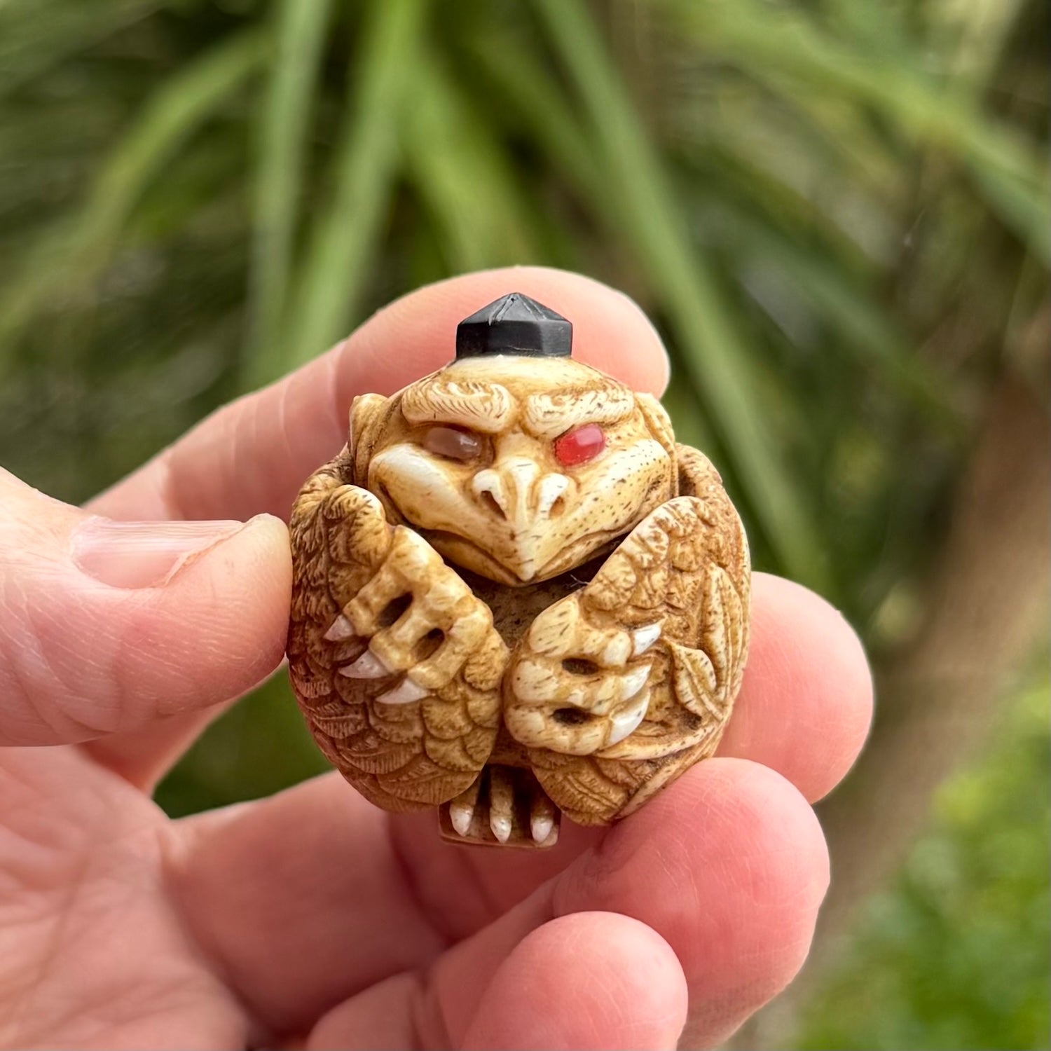 Hand carved Karasu Tengu carving made from Deer antler with Buffalo Horn. Hand made by master bone carver Fumio Noguchi. Spectacular collectable work of art to display. One only, delivered to you at no extra cost with express courier.