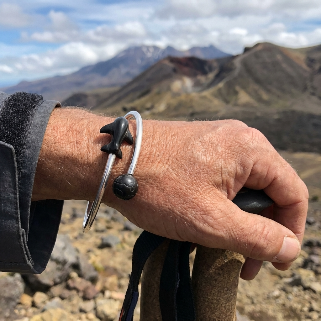 Hand wearing a bracelet with a mountainous landscape in the background