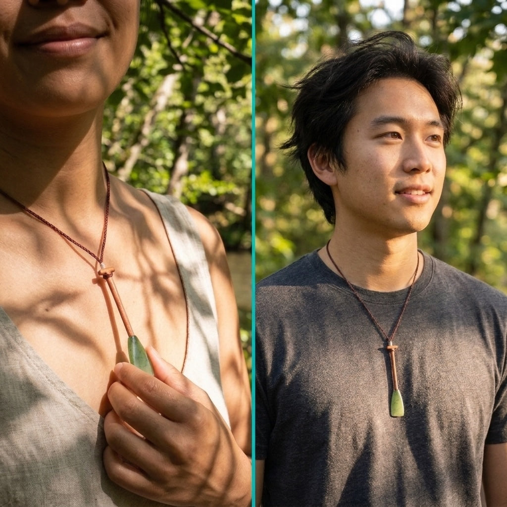 Woman and man wearing dragon boat paddle pendants