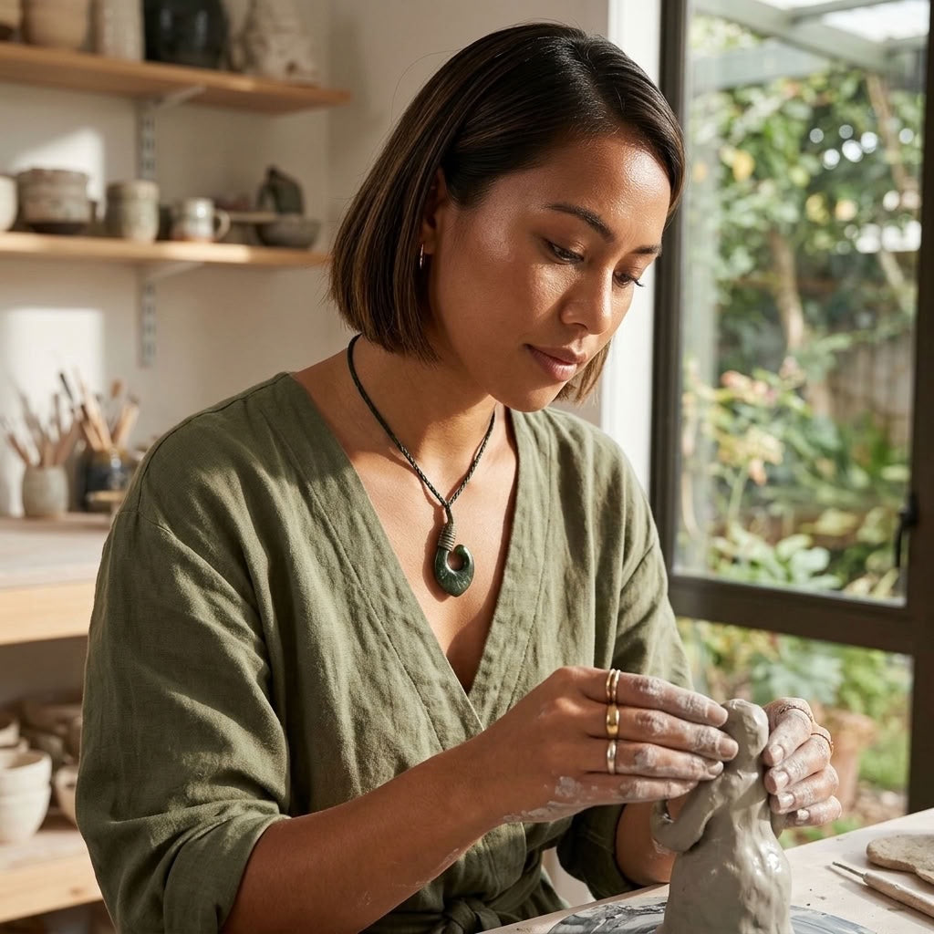 Woman wearing jade hook pendant