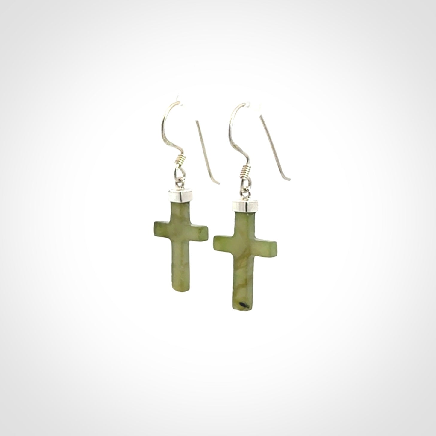 Hand carved medium Nephrite jade cross earrings. Made by NZ Pacific from real jade. Online jewellery for sale online by NZ Pacific.