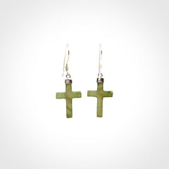 Hand carved medium Nephrite jade cross earrings. Made by NZ Pacific from real jade. Online jewellery for sale online by NZ Pacific.
