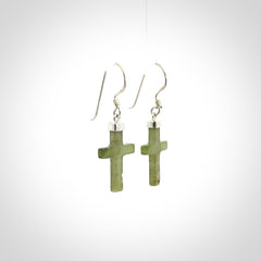 Hand carved medium Nephrite jade cross earrings. Made by NZ Pacific from real jade. Online jewellery for sale online by NZ Pacific.