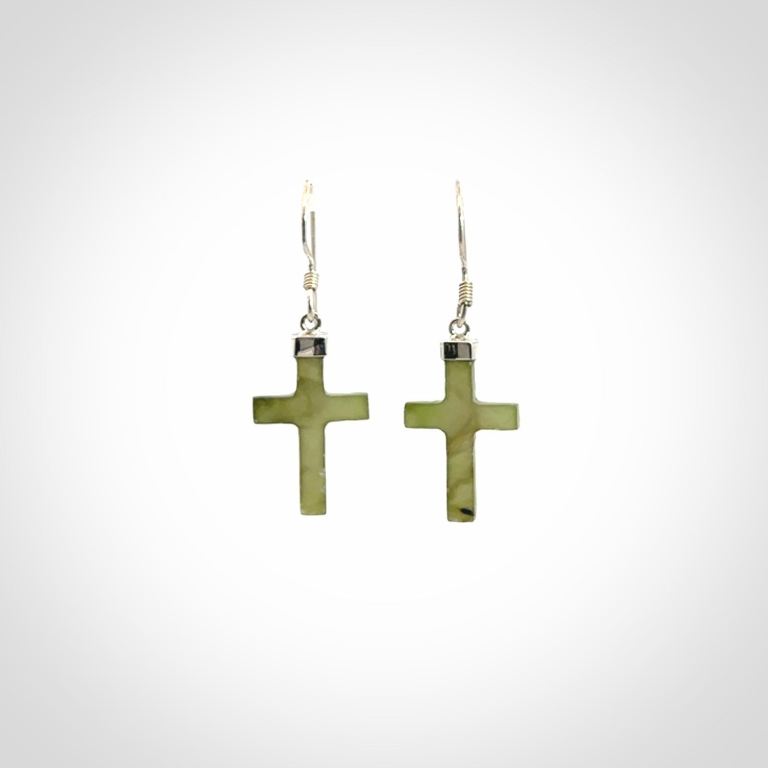 Hand carved medium Nephrite jade cross earrings. Made by NZ Pacific from real jade. Online jewellery for sale online by NZ Pacific.