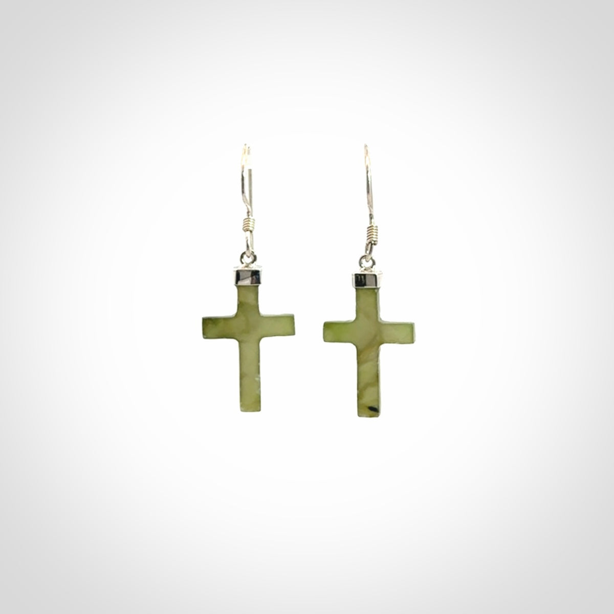 Hand carved medium Nephrite jade cross earrings. Made by NZ Pacific from real jade. Online jewellery for sale online by NZ Pacific.