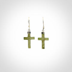 Hand carved medium Nephrite jade cross earrings. Made by NZ Pacific from real jade. Online jewellery for sale online by NZ Pacific.