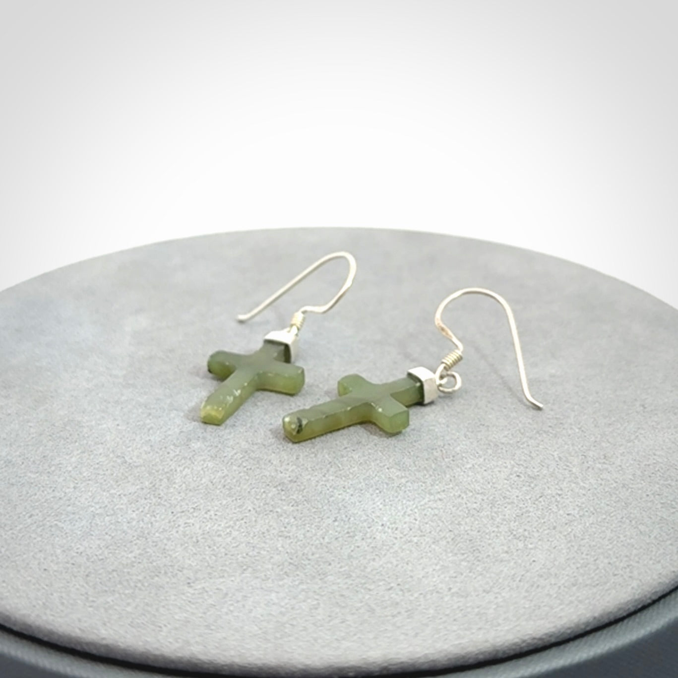 Hand carved medium Nephrite jade cross earrings. Made by NZ Pacific from real jade. Online jewellery for sale online by NZ Pacific.