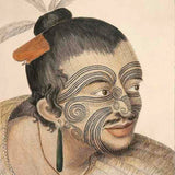 Photo of a lithograph showing a māori man wearing a traditional wooden heru.