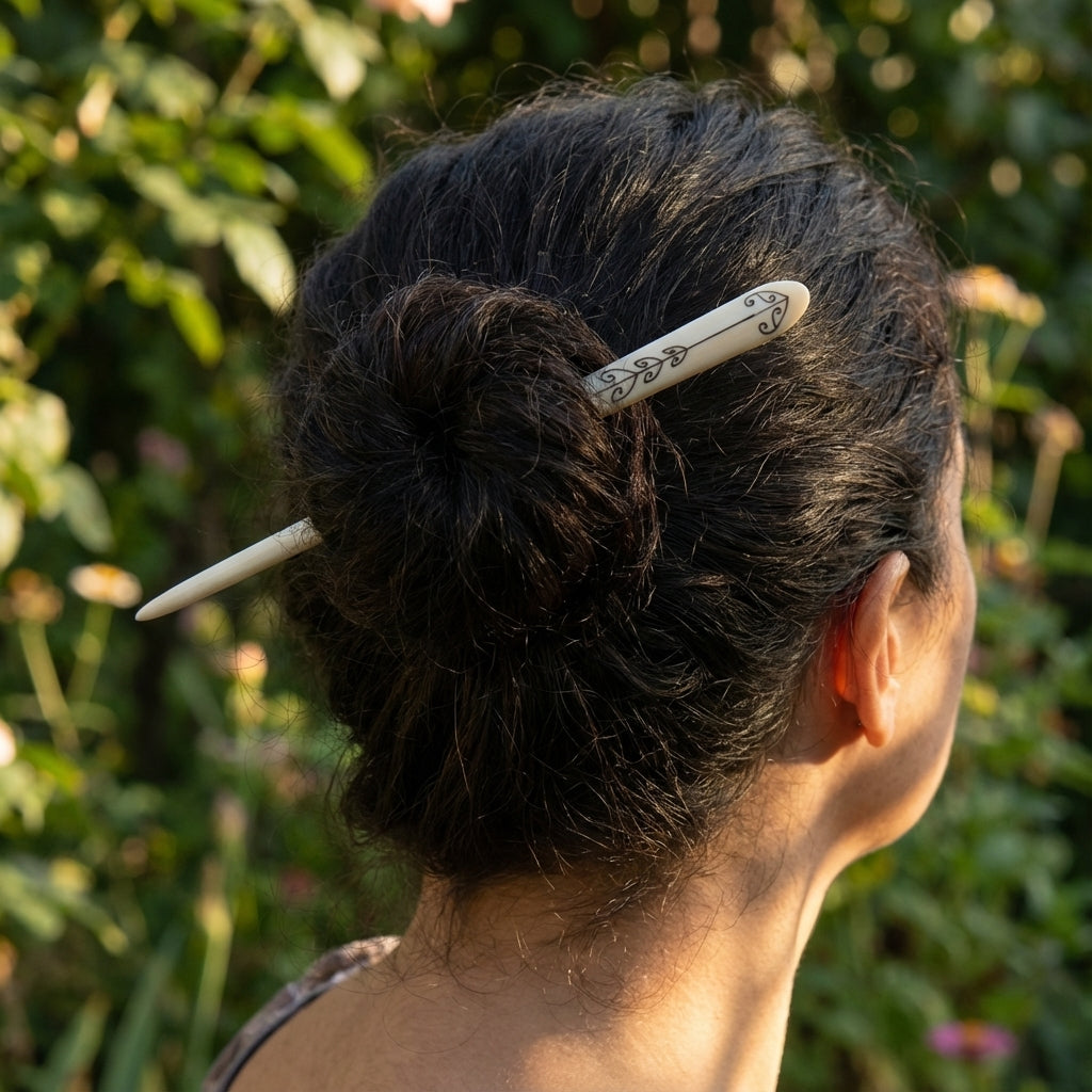 Person with hair styled in a bun with a decorative hairpin, standing outdoors with greenery in the background.