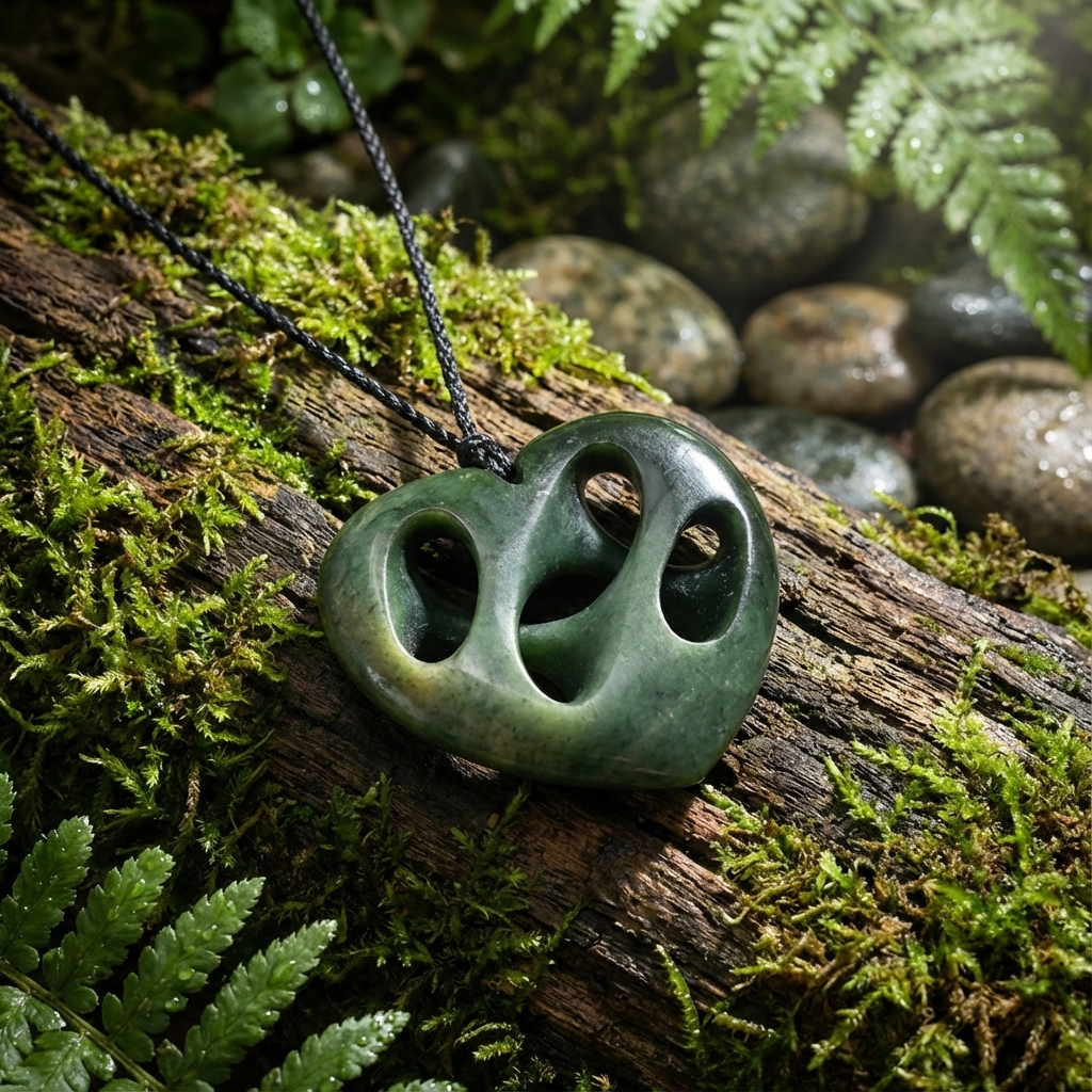 Green jade pendant lying on a mossy log with ferns and stones in the background