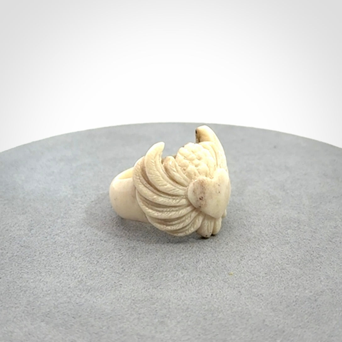 Hand carved deer antler bone winged heart ring.