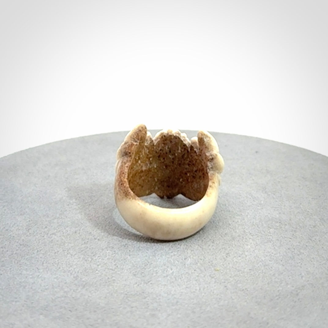Hand carved deer antler bone winged heart ring.