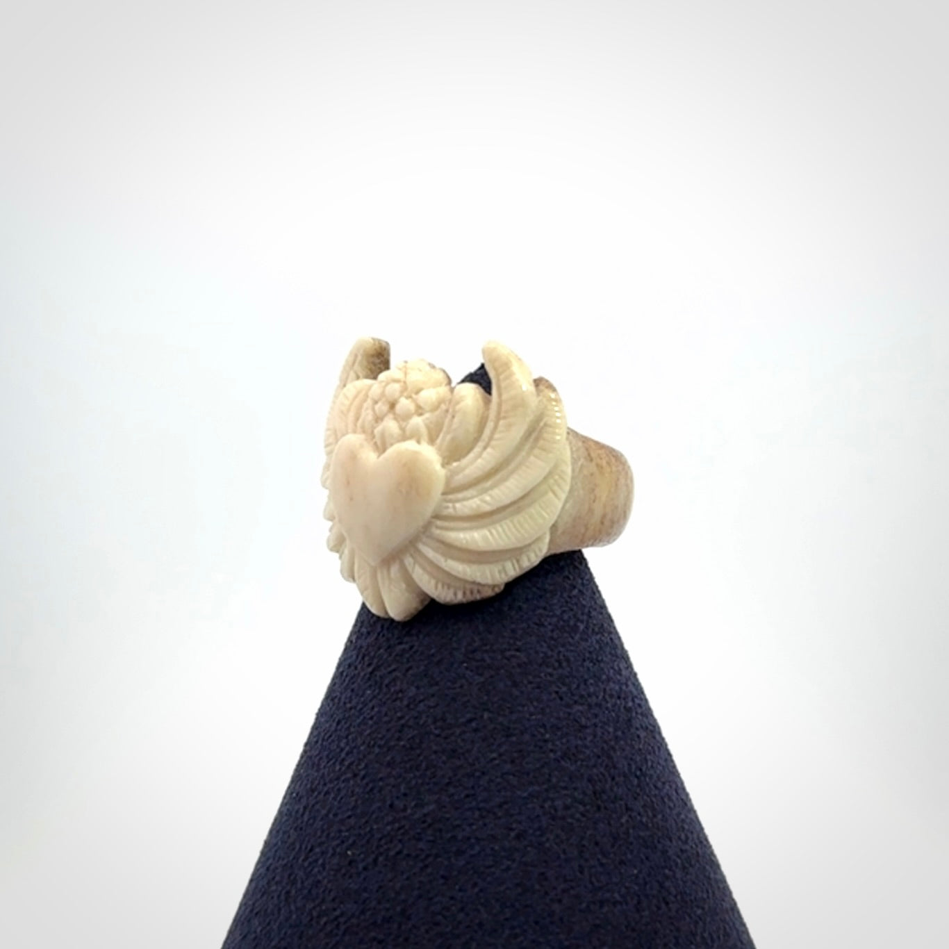 Hand carved deer antler bone winged heart ring.