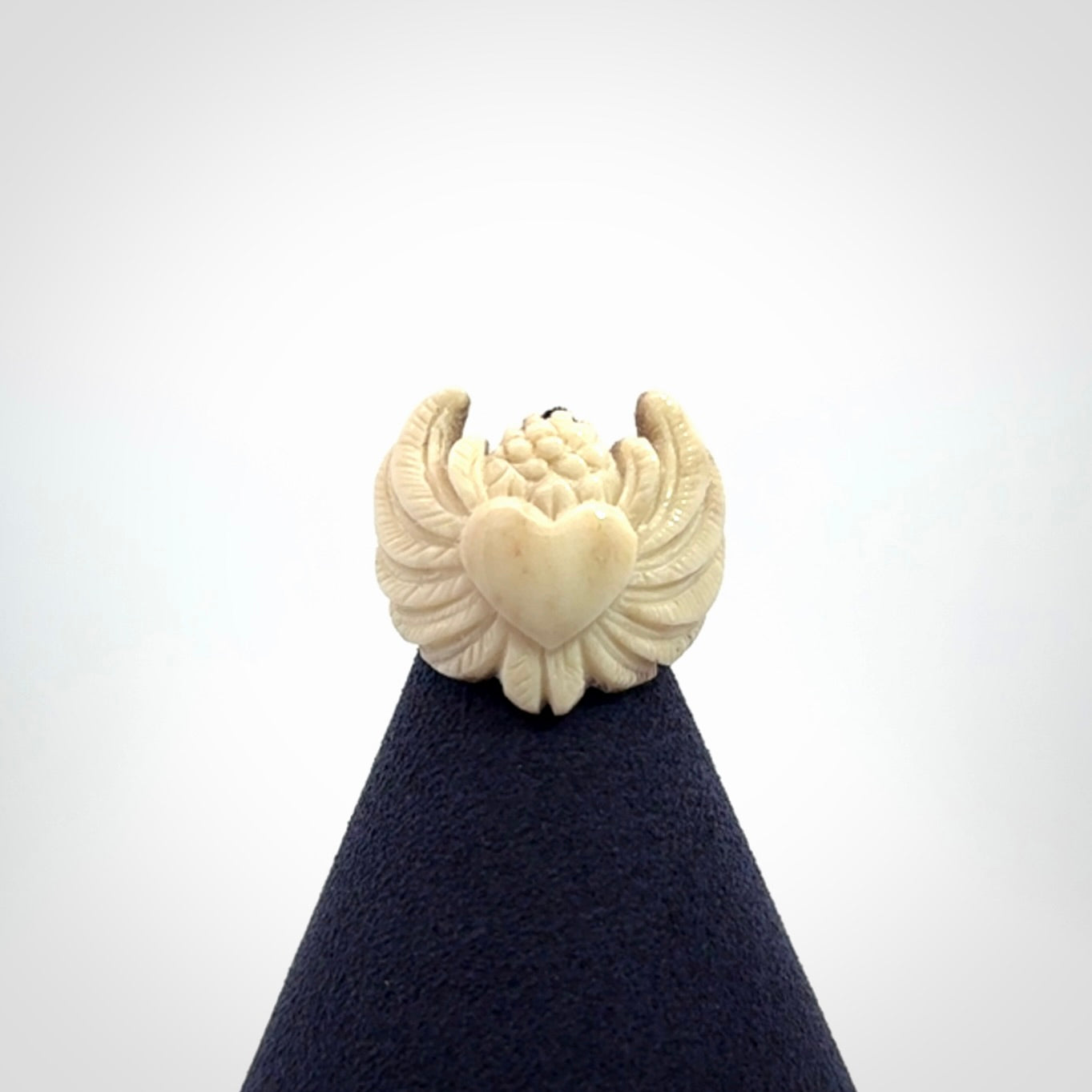 Hand carved deer antler bone winged heart ring.