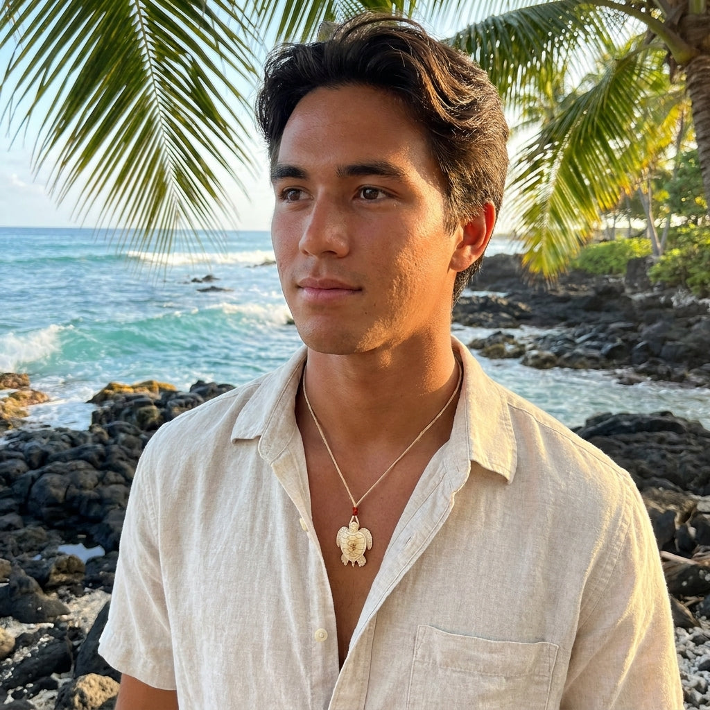 Man wearing turtle pendant