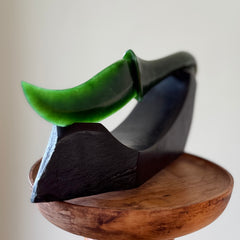 Hand carved large New Zealand Flower Jade knife with koru carving displayed in a Argillite stone stand sculpture. Hand carved here in New Zealand by Ric Moor. This is a 'one only' sculpture, a beautiful display piece.