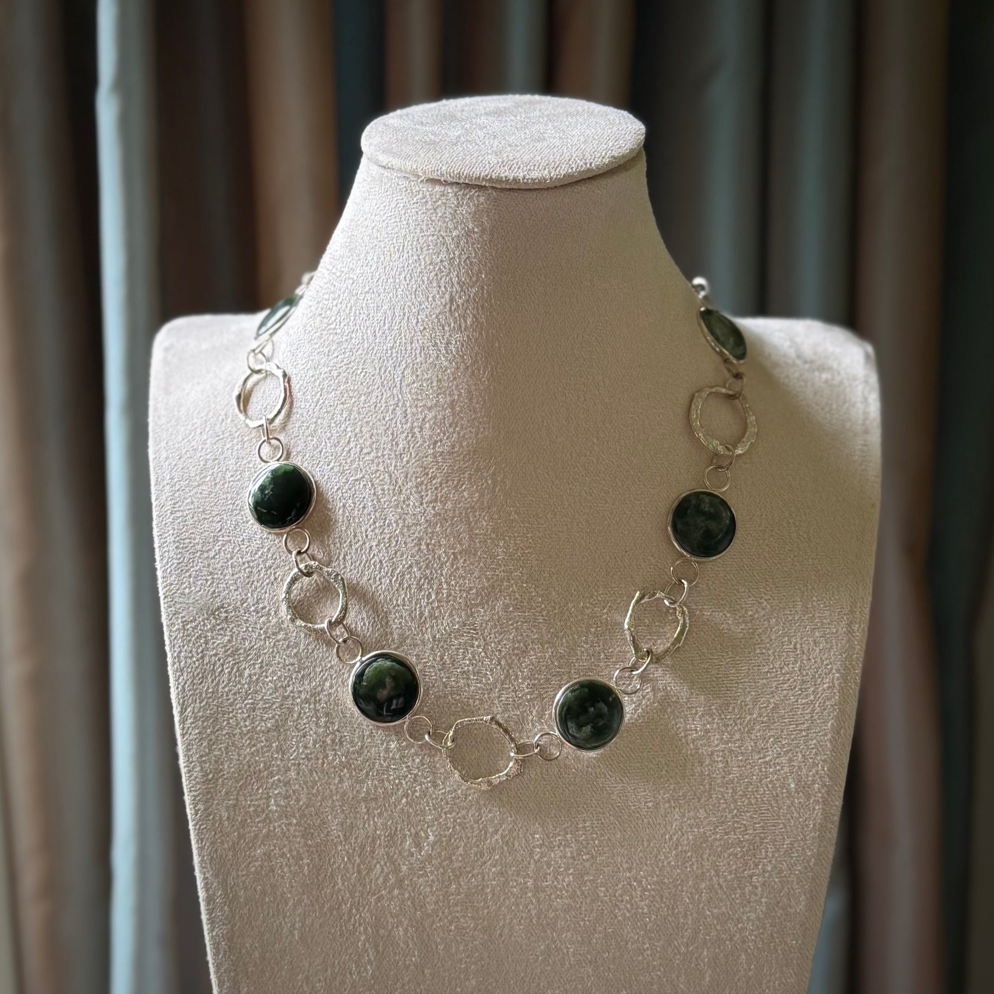 A photo of a sterling silver fashionable chain with New Zealand Jade. This is stylish womens statement piece - hand crafted here in New Zealand.