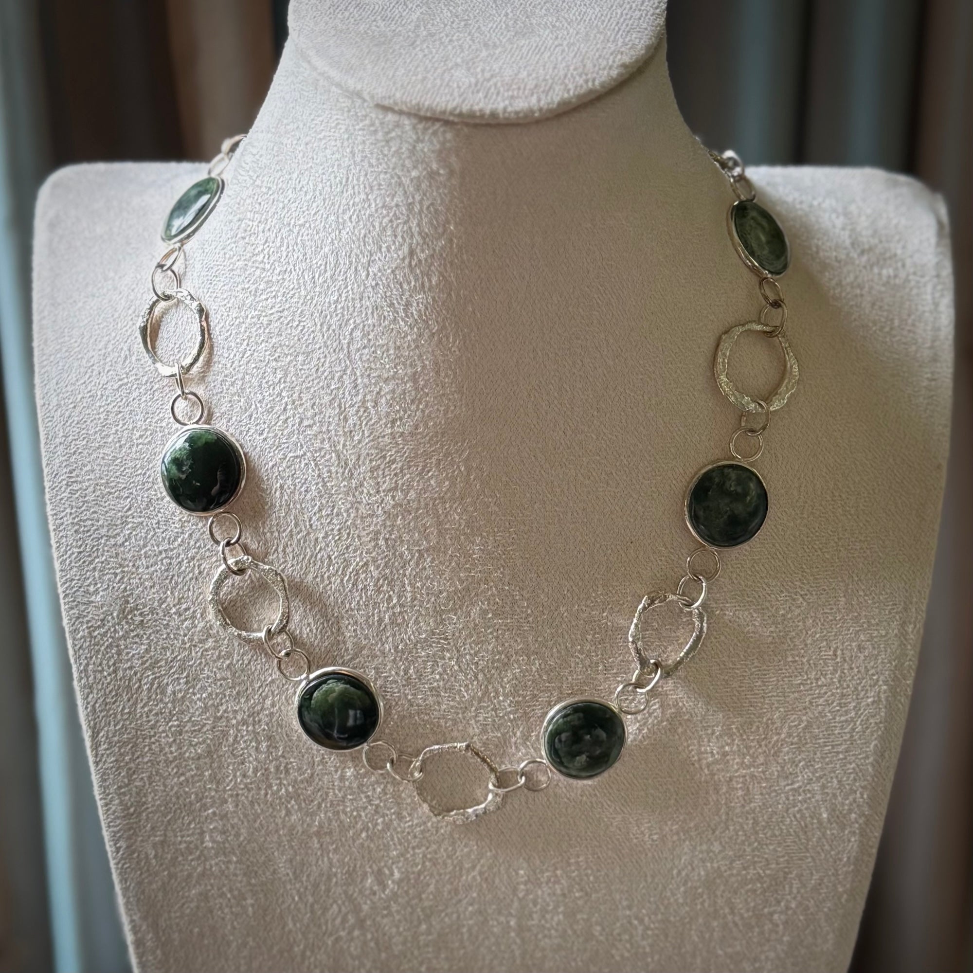 A photo of a sterling silver fashionable chain with New Zealand Jade. This is stylish womens statement piece - hand crafted here in New Zealand.