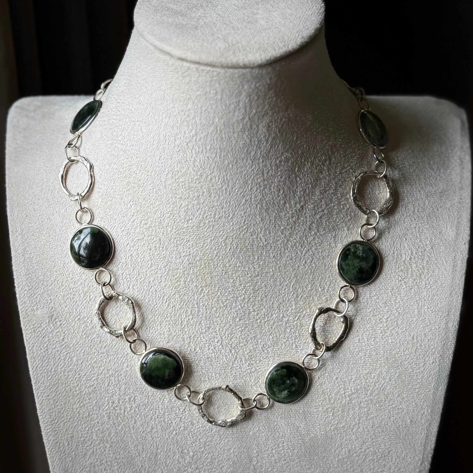 A photo of a sterling silver fashionable chain with New Zealand Jade. This is stylish womens statement piece - hand crafted here in New Zealand.