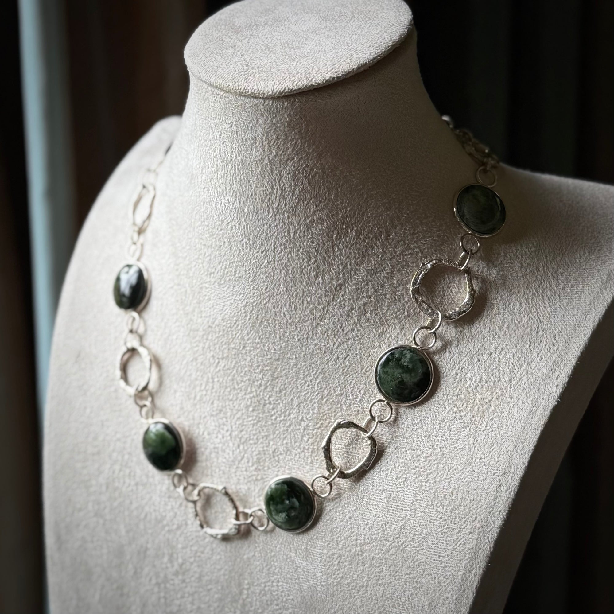 A photo of a sterling silver fashionable chain with New Zealand Jade. This is stylish womens statement piece - hand crafted here in New Zealand.