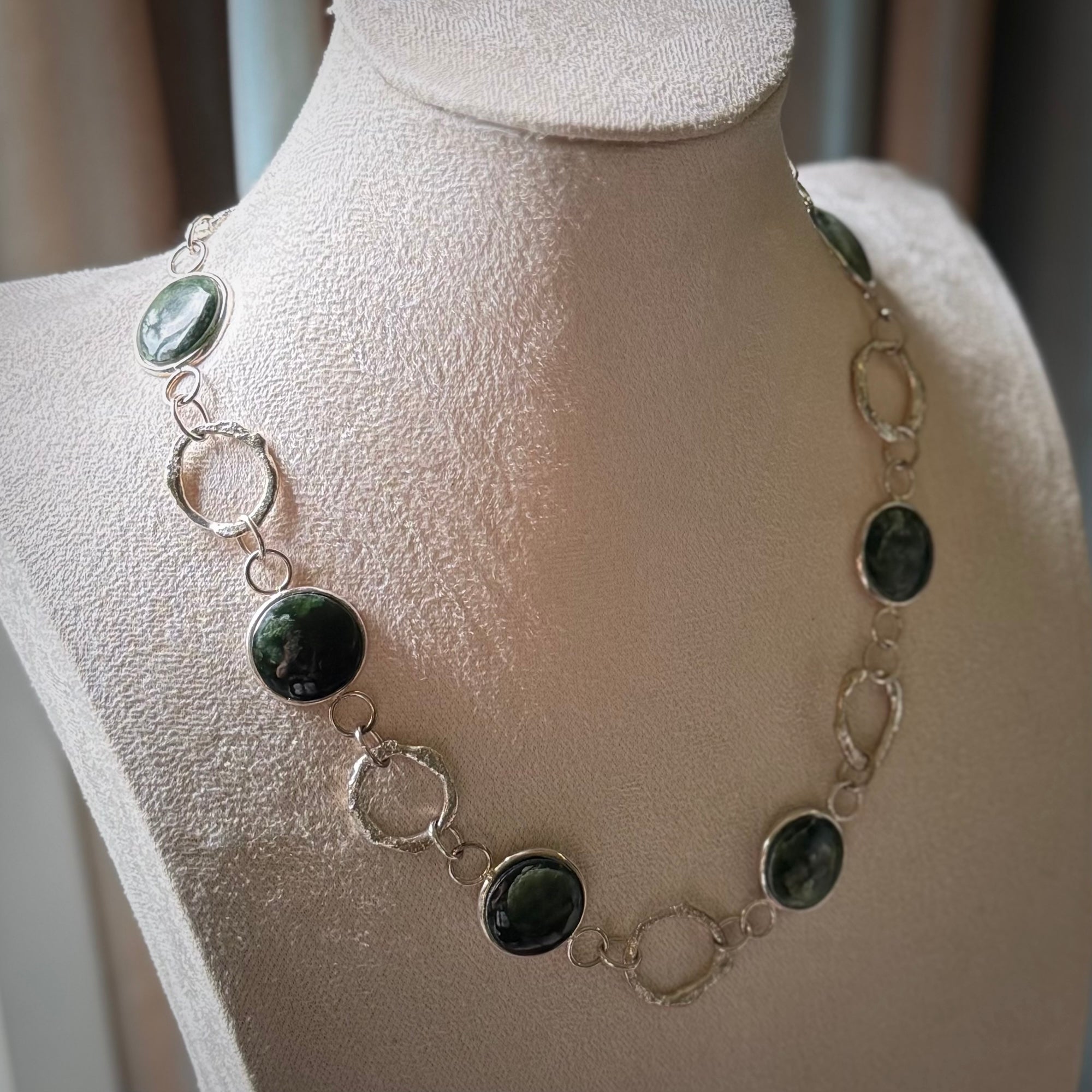 A photo of a sterling silver fashionable chain with New Zealand Jade. This is stylish womens statement piece - hand crafted here in New Zealand.