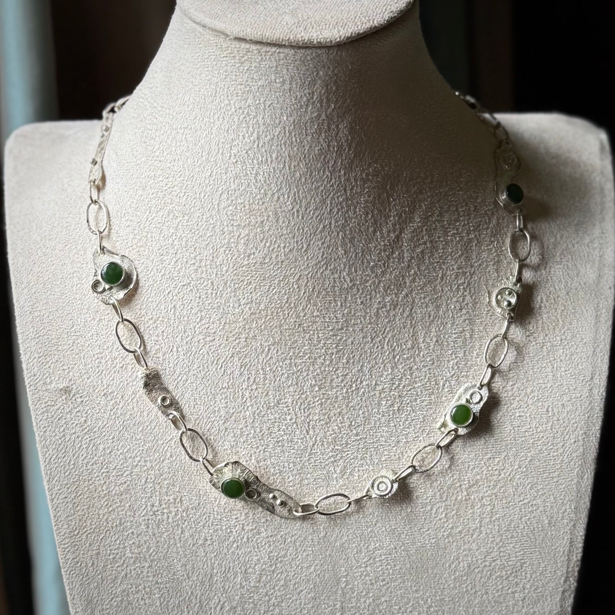 A photo of a sterling silver fashionable chain with New Zealand Jade. This is stylish womens statement piece - hand crafted here in New Zealand.