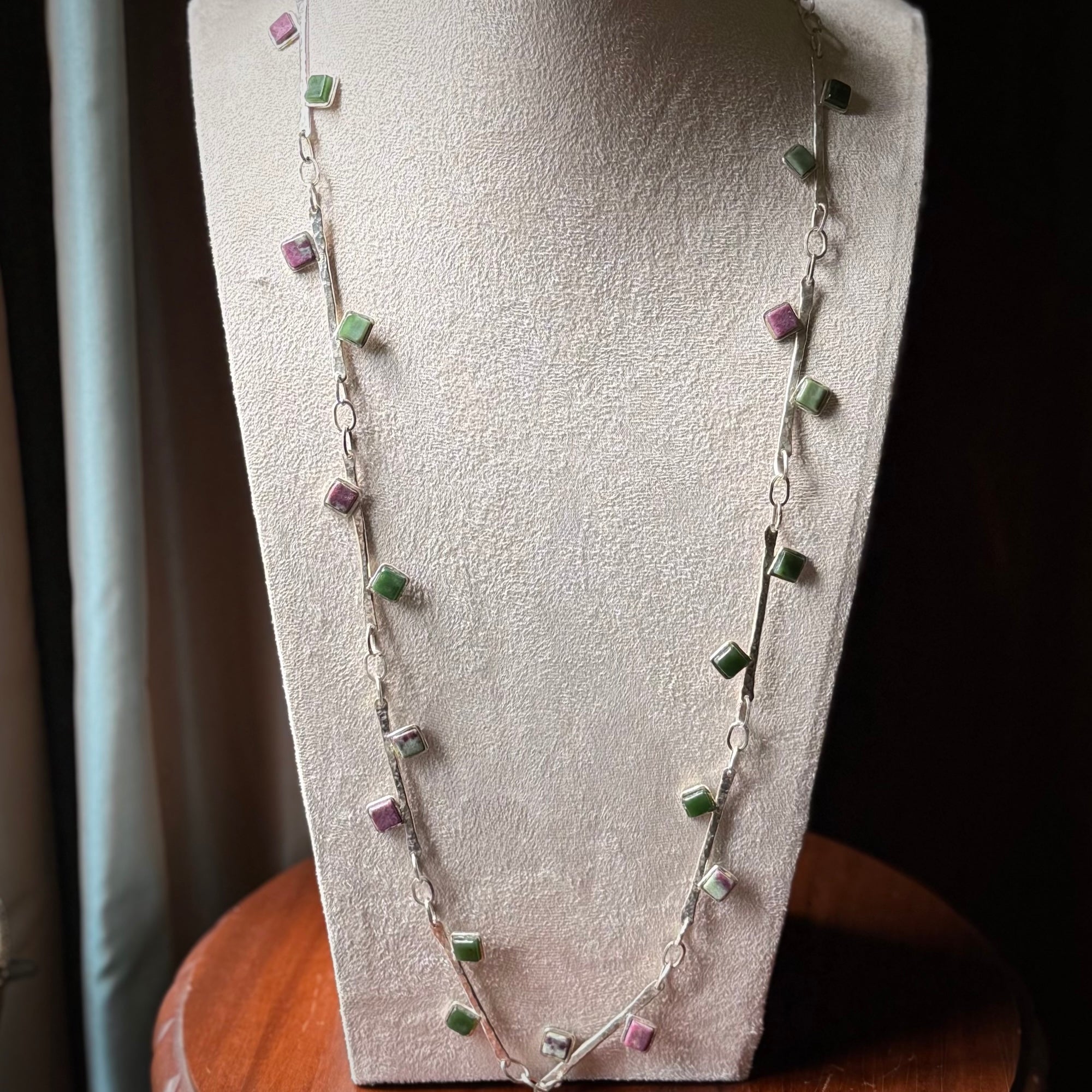 Hand made jade and ruby sterling silver necklace.