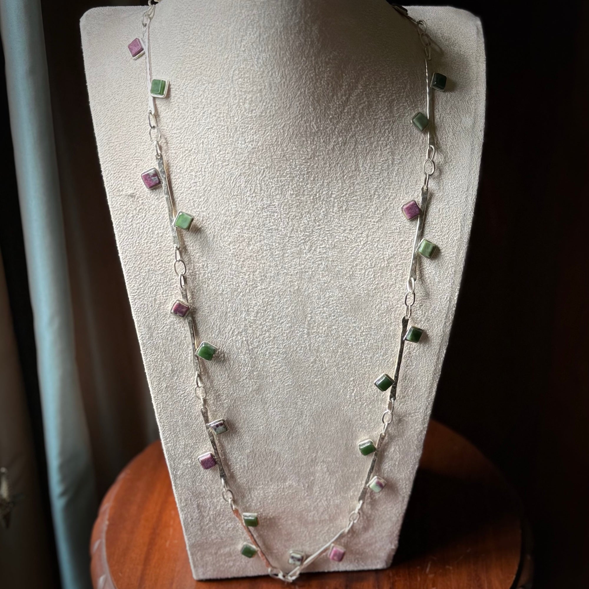 Hand made jade and ruby sterling silver necklace.
