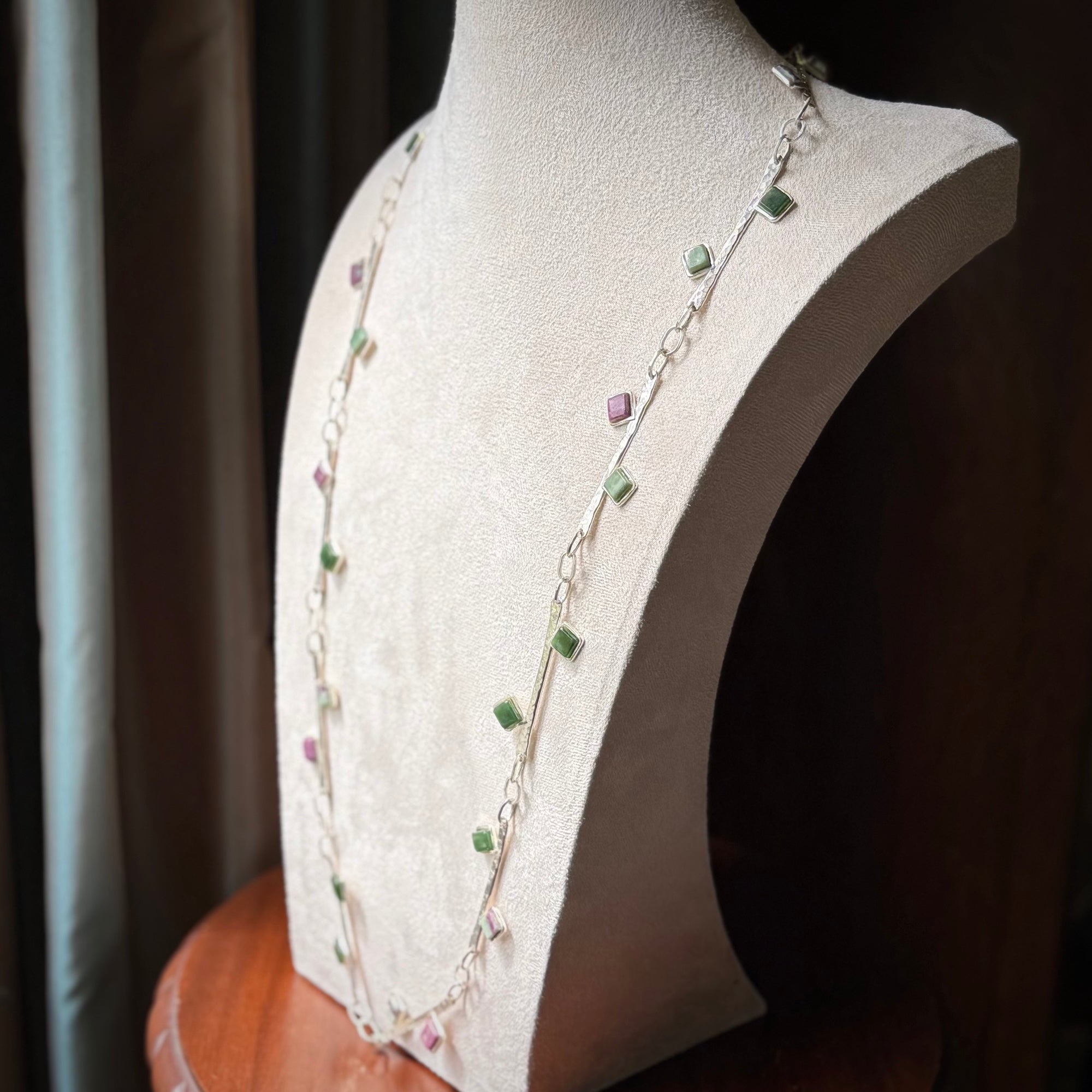 Hand made jade and ruby sterling silver necklace.